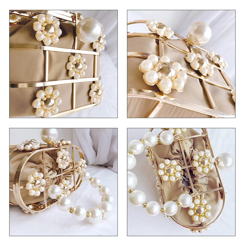 

Women Famous Brand Hollow Out Flowers Beaded Metallic Clutch Purse Party Bucket Handbag Pearl Basket Evening Clutch Bag