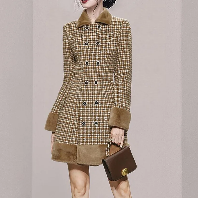 

Женское шерстяное пальто в клетку, элегантное двубортное винтажное пальто во французском стиле с маленьким лацканом и приталенной талией, ...