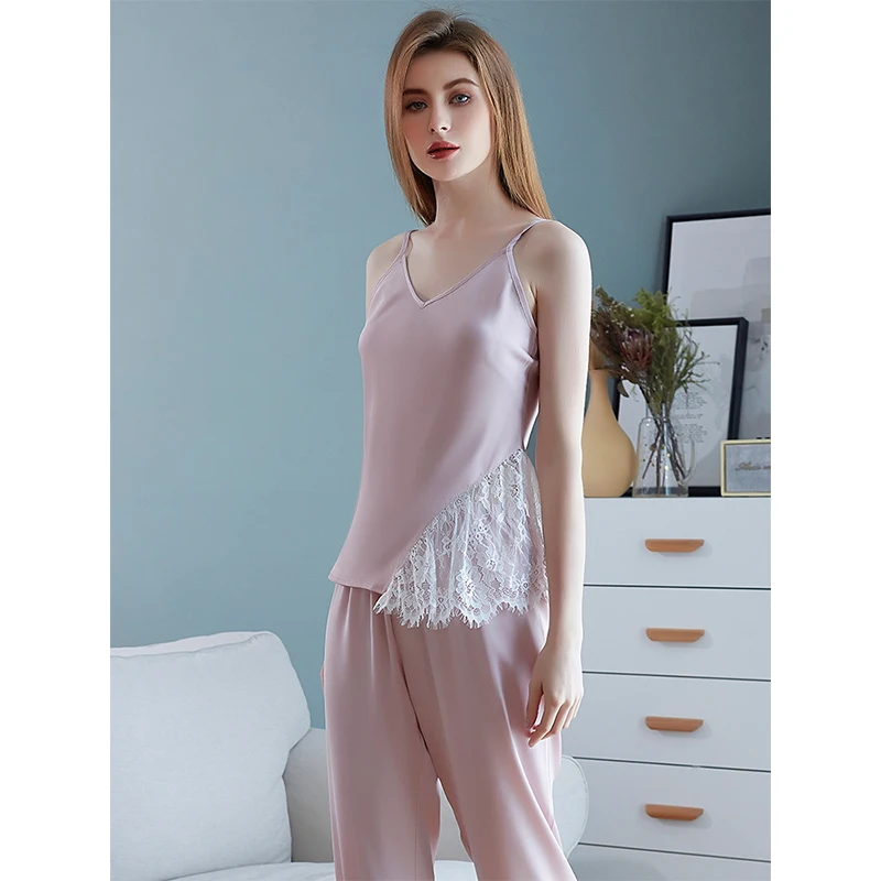 

New Fashion Sexy Women's Nightgown High Quality Polyester Silk Ladies Spaghetti Strap Sleepwear Pajamas Suit