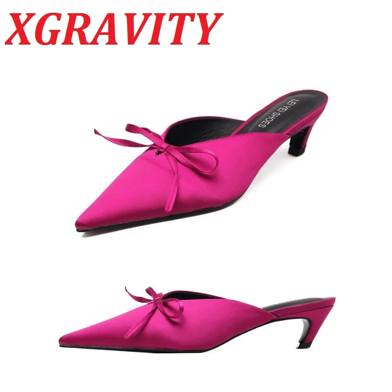 

Сланцы женские с бантом и V-образным вырезом, элегантные универсальные мюли на каблуке, сланцы с переплетением, модель B158 на лето, 2021