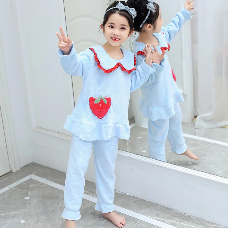 

Осенне-зимние фланелевые пижамные комплекты для девочек, кружевные топы + штаны, комплект из 2 предметов, пижамный комплект для малышей, Тепл...