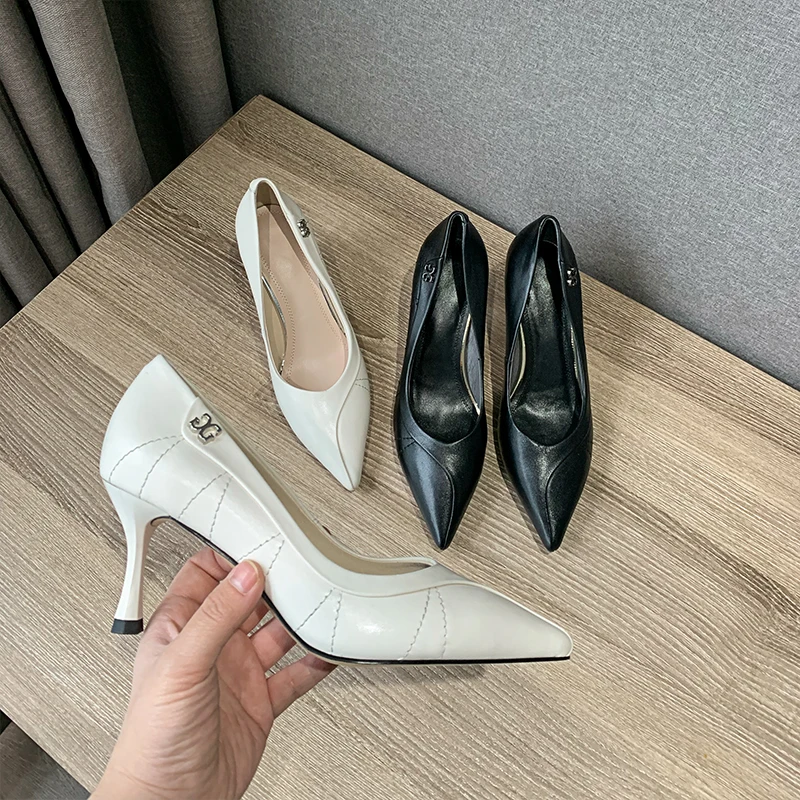 

Brand Women Shoes High Quality Genuine Leather Fashion Concise Black Stiletto Shoes Spring Comfort Wedding Pumps Ladies Size 43