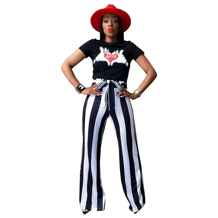 

2021 Women Striped 2 piece set Women Outfits Crop Top Flare Pants two pieces sets Summer Clothes for Female Sexy women's suit