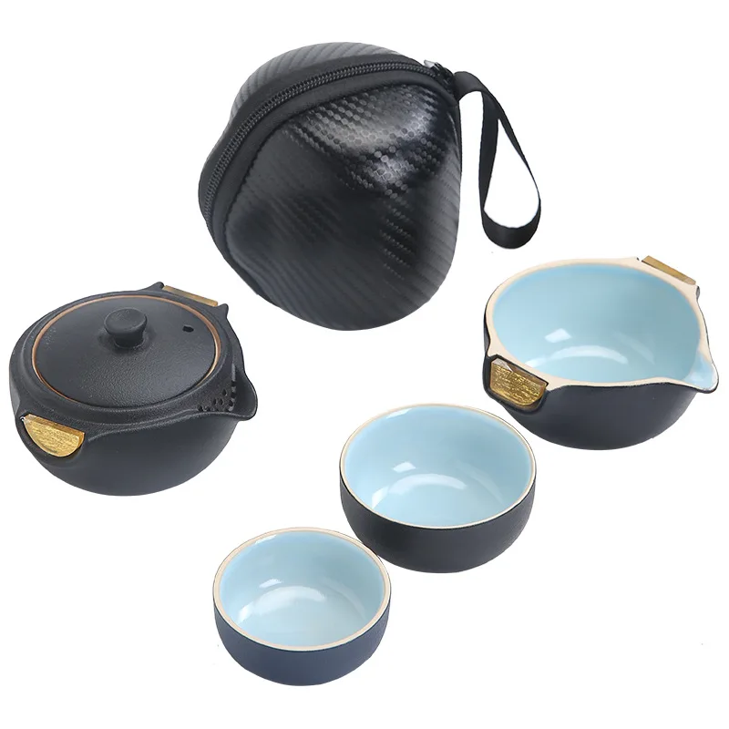 

Black Pottery Travel Tea Set Express Cup One Pot Two-Cup Portable Bag Portable Teapot Tea Cup Kung Fu TeaSet Teapot Set Tea Sets
