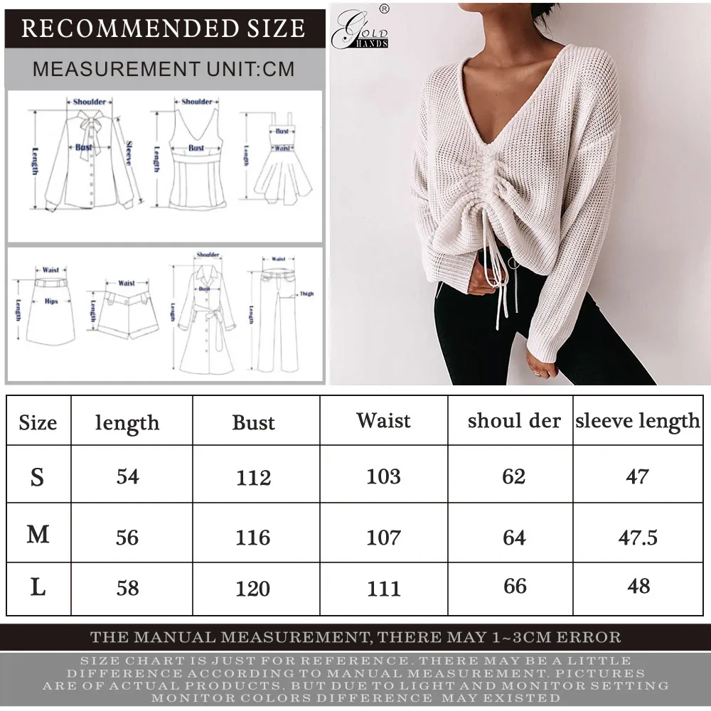 Gold Hands 2019 Sexy Fold Drawstring Solid Sweaters for Women Autumn Loose Knitted Outwear Casual V Neck Sweater Pullovers | Женская