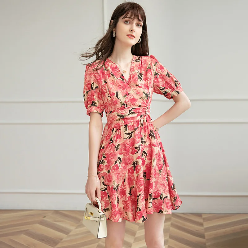 

2021 Summer Elegant Fashionable Temperament Floral Printing V-Neck Short Sleeves Stitching Elastic Waist Women Chiffon Dress