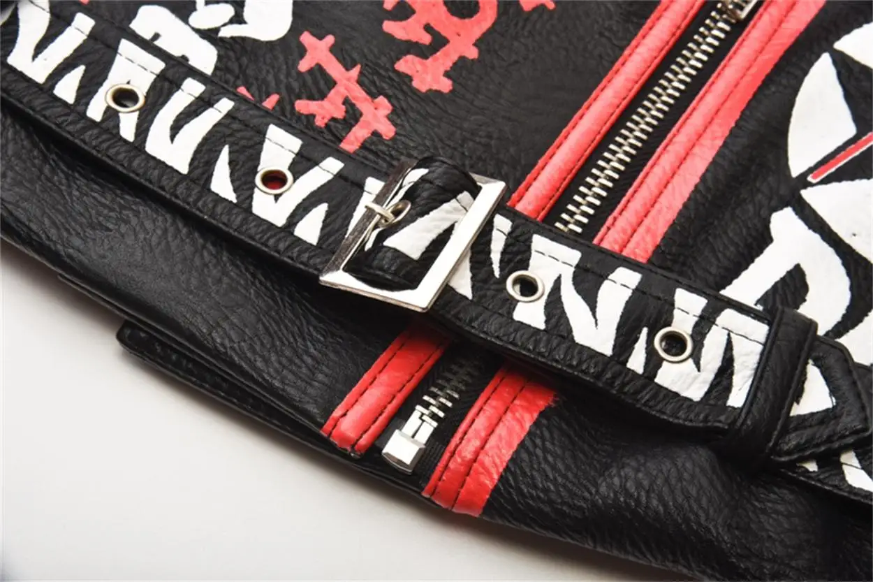 Autumn and winter new street zebra graffiti print short slim pu coat women's clothing