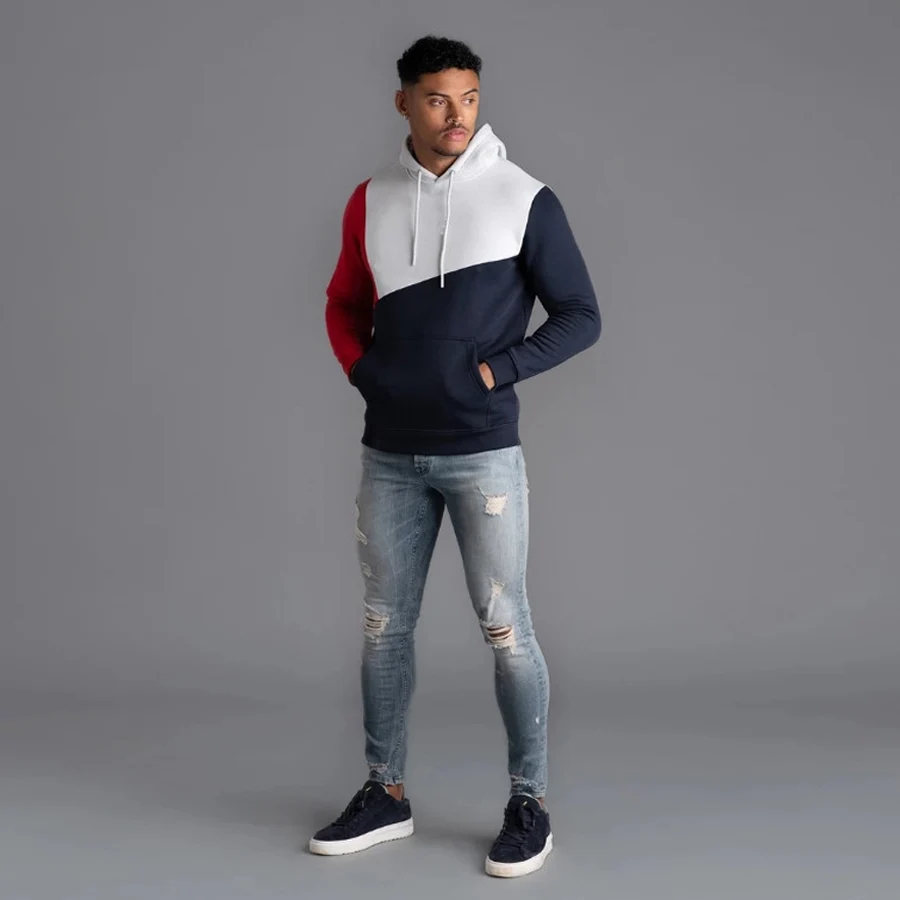 

European and American man patchwork hooded sweatshirt male pullover hoodies man hit color casual stretch hooded sweatshirt