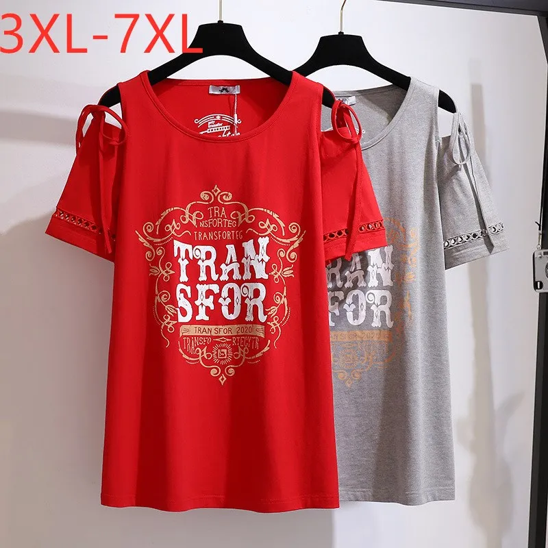 

Женская футболка с открытыми плечами Missfansiqi, свободная хлопковая Футболка с принтом красного цвета, большие размеры 4XL 5XL 6XL 7XL, лето