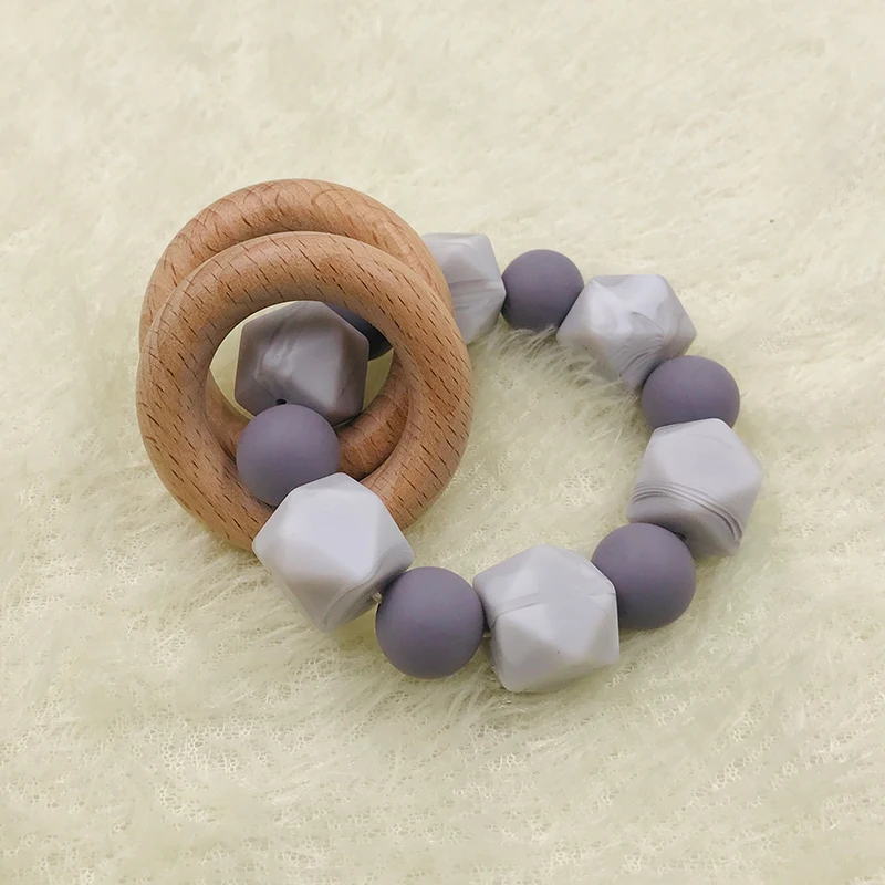 Baby Teether Bracelet Beech Wooden Ring Natural Teething Grasping Toy Silicone Bead Toddler Newborn DIY Gift | Мать и ребенок