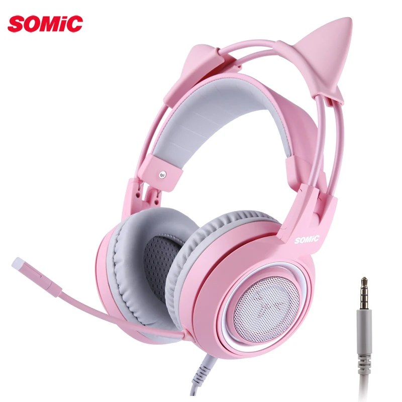 SOMIC G951S розовые милые наушники Virtual 7,1 с шумоподавлением Проводная игровая гарнитура с вибрацией 3,5 мм гарнитура с микрофоном для ПК