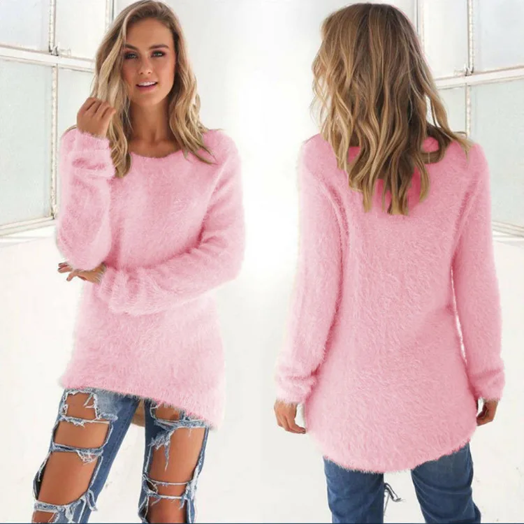 

Women's Long Sleeve Pullovers Loose Fluffy Fuzzy Jumper Sweater Casual Solid Color Mohair Tunic Pullover Tops Baggy