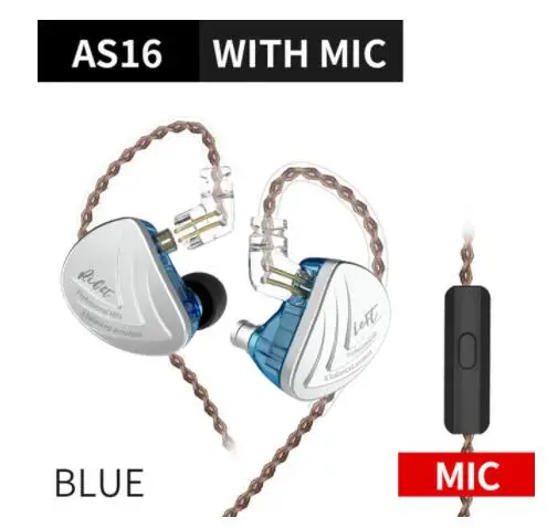 BLUE WITH MIC KZ AS16 8BA наушники-вкладыши, гарнитура с сбалансированным арматурным покрытием, высокое качество звука, монитор, HiFi наушники KZ AS12 AS10 BA10 AS06 C16 C12 - Цвет: BLUE WITH MIC