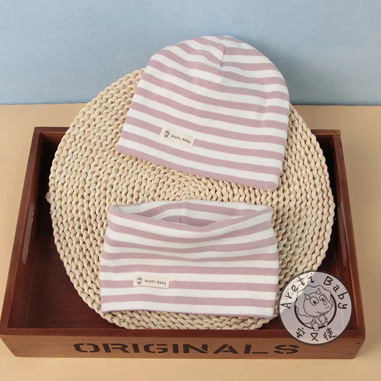 pink stripe Детский осенний бархатный шарф, комплект из двух предметов, изготовлено из зимняя обувь с плюшевой подкладкой шапки бини Шапки Набор шарфов одежды из хлопка, с принтом и воротником, шапки, шарфы, комплект - Цвет: pink stripe