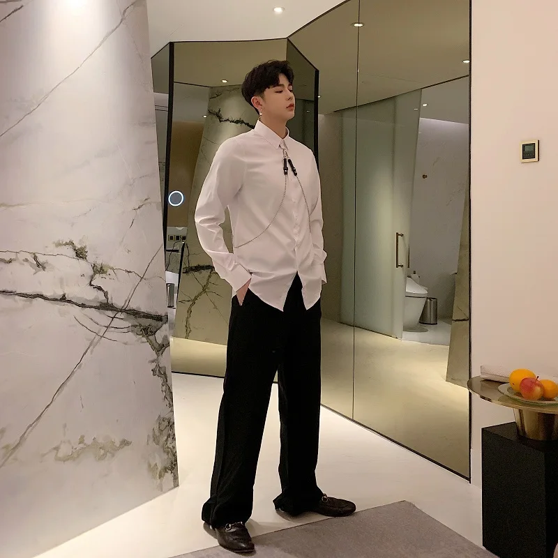 

Spring Fashion Men Hanging Chain Long Sleeve Shirt Camisas Hombre Japan Harajuku Male Punk Gothic Dress Shirts Party Clothes