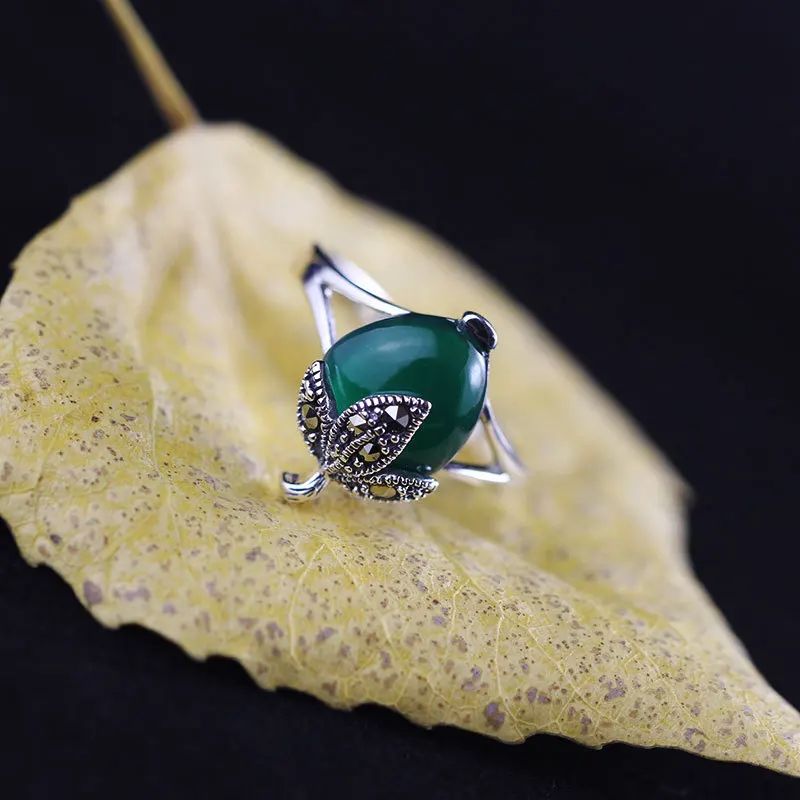 

S925 Sterling Silver Ornament Fashion Simple Women's Green Chalcedony Ring
