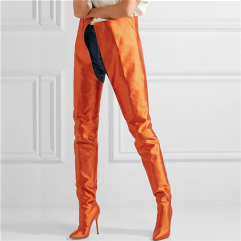 Слипоны обычные брюки Сапоги выше колена оранжевого цвета Обувь на высоком