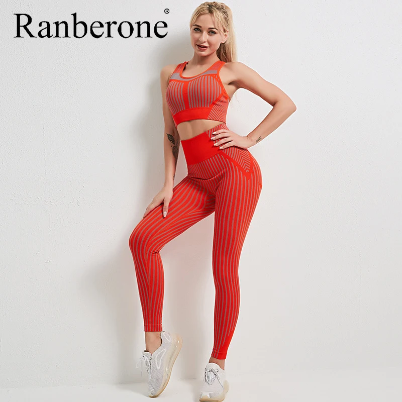 Ranberone 2 Piece Set Women Sport Suit Seamless Yoga Wear Fitness Sports Vest + Running Leggings Gym Clothing Sportswear