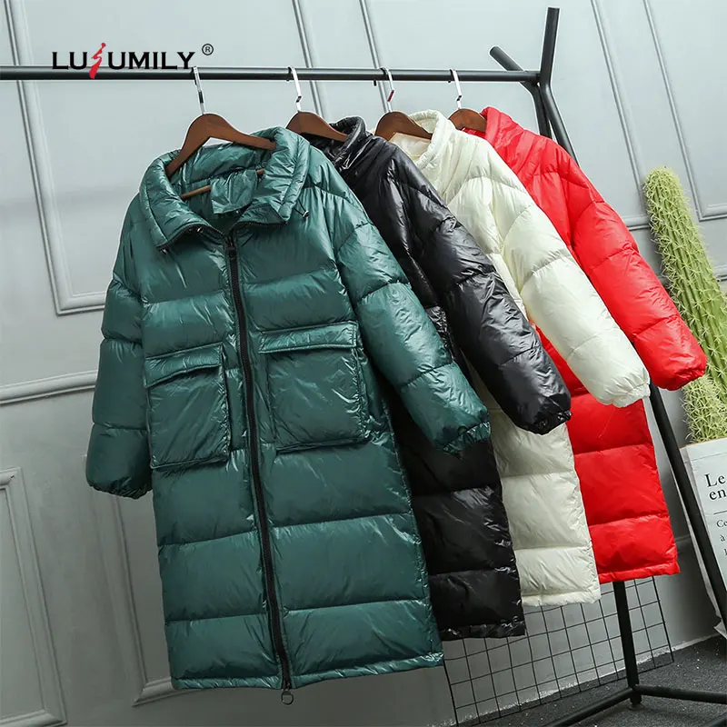 Lusumily новинка зимний свободный длинный пуховик Женское пальто Белые куртки на
