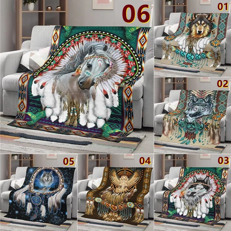 

Ловец снов, одеяло с животными, лошадь, волк, плед для кровати, дивана, Фланелевое мягкое одеяло для сна, украшение для дома для взрослых и дет...