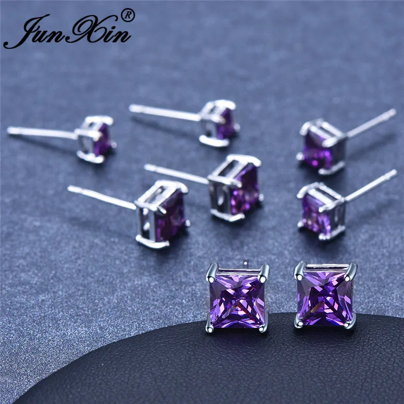 Женские свадебные серьги-гвоздики с фиолетовым кристаллом квадратной огранкой