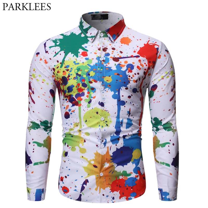 Мужская рубашка с 3D красочным принтом брендовая дизайнерская приталенная