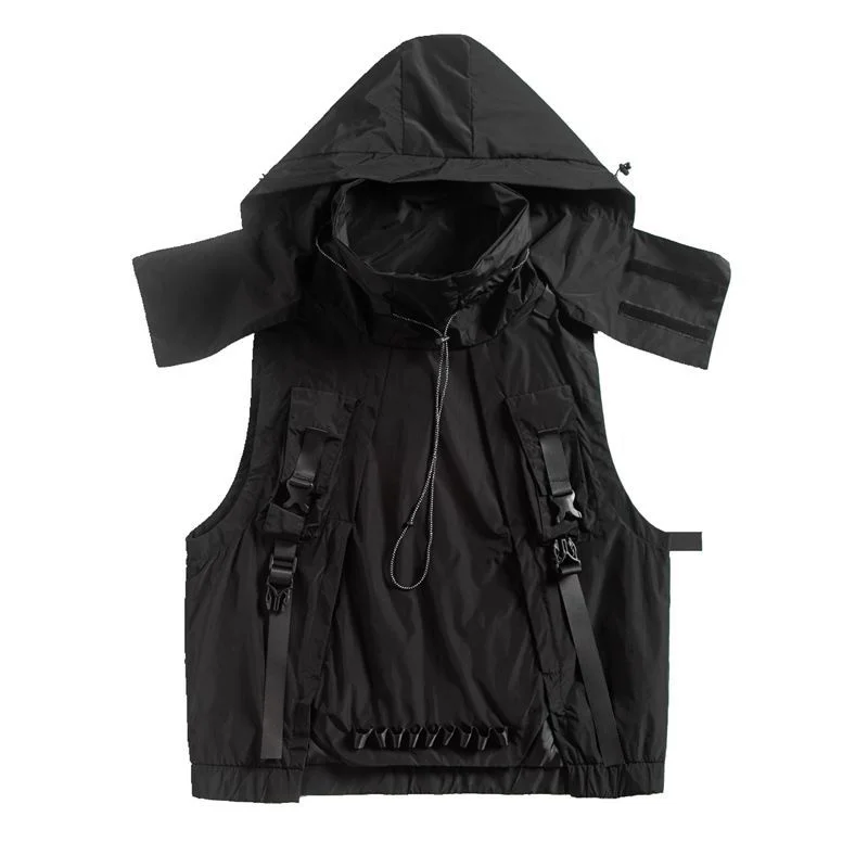 

industry Guochao brand dark black functional style hip hop hooded tactical vest coat men's and women's detachable hat