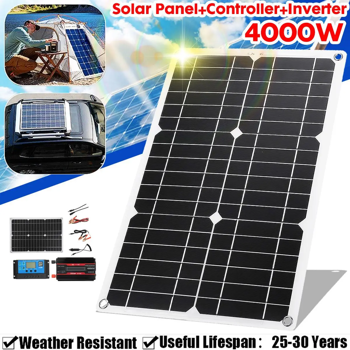 

4000W Solar Panel Kit Complete 110V/220V USB Charging Solar Cell Board Controller Solar Power System Solar Inverter Complete Kit