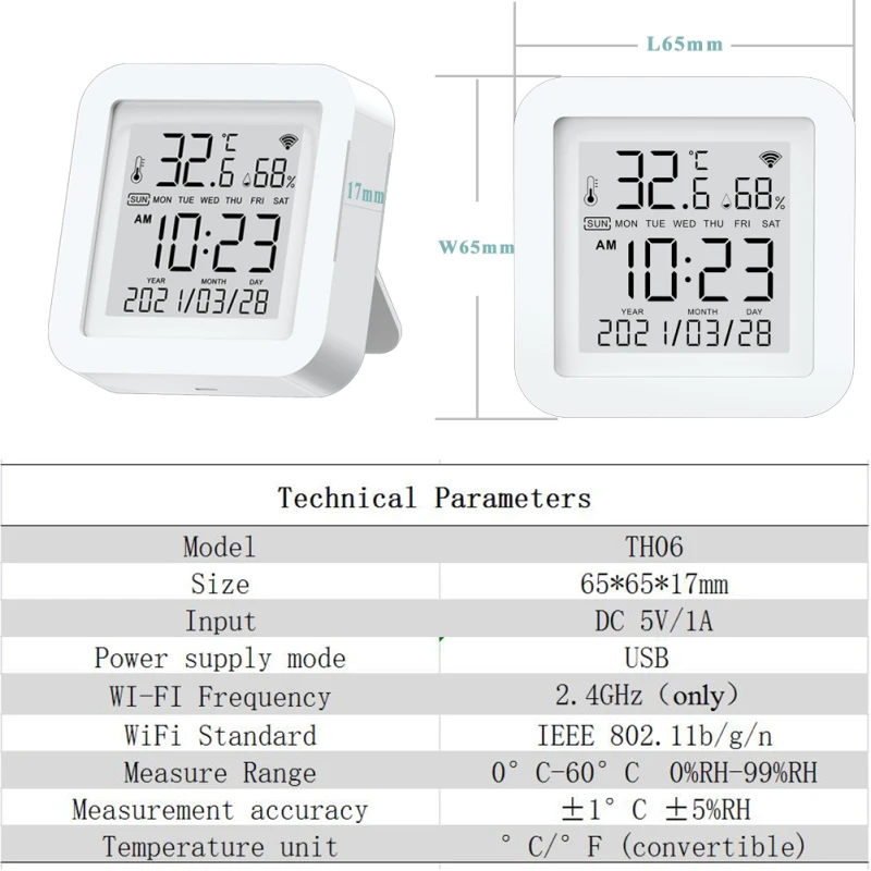 

Temperature And Humidity Sensor Tuya WIFI Hygrometer Thermometer USB Power With LCD Screen Indoor Support Alexa Google Assistant