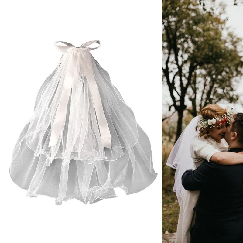 Фата свадебная с металлическими гребнями Тюлевая 2 уровня длиной до локтя для