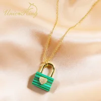 Trend Lock Necklace Changeable Chain Pendant Malachite Color Gold Plating Artsy Casual Style Special Gift Girlfriend Best Friend