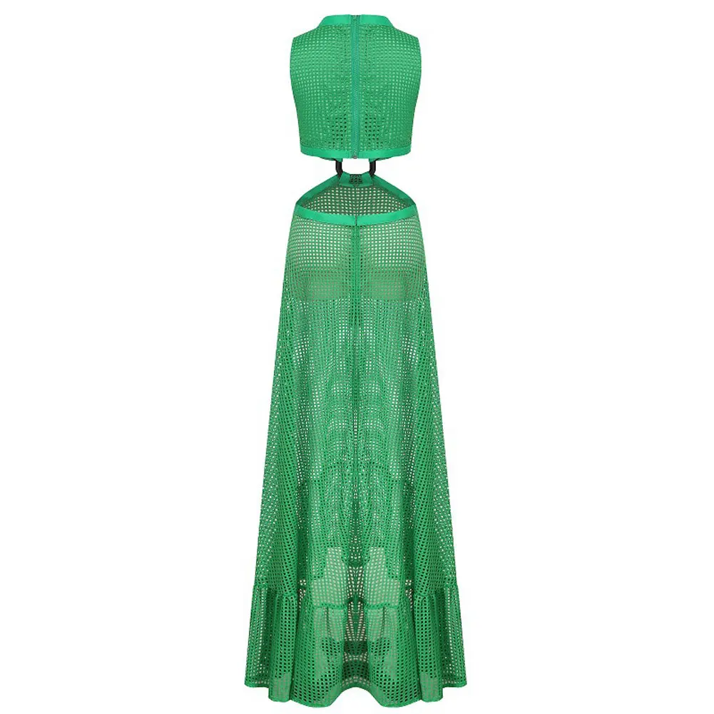 

Summer Womens Beach Bohemian Style Green Mesh Sleeveless Round Ring Halter See-through Long Sundress For Female