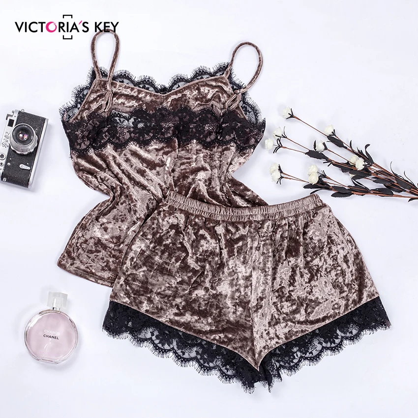 VICTORIA'S KEY, розовая бархатная Пижама, шорты на бретельках, женские сексуальные кружевные летние пижамы на бретельках без рукавов, Женский комплект