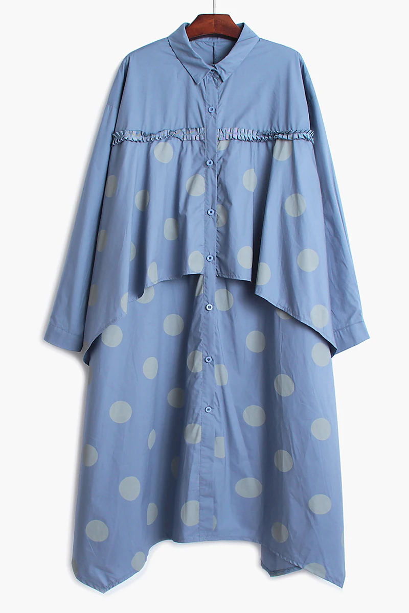 

IEQJ 2021 New Spring Summer Fashion Women Clothes Turn-down Collar Full Sleeves Polka Dots Printed A-line Loose Dress WP26505