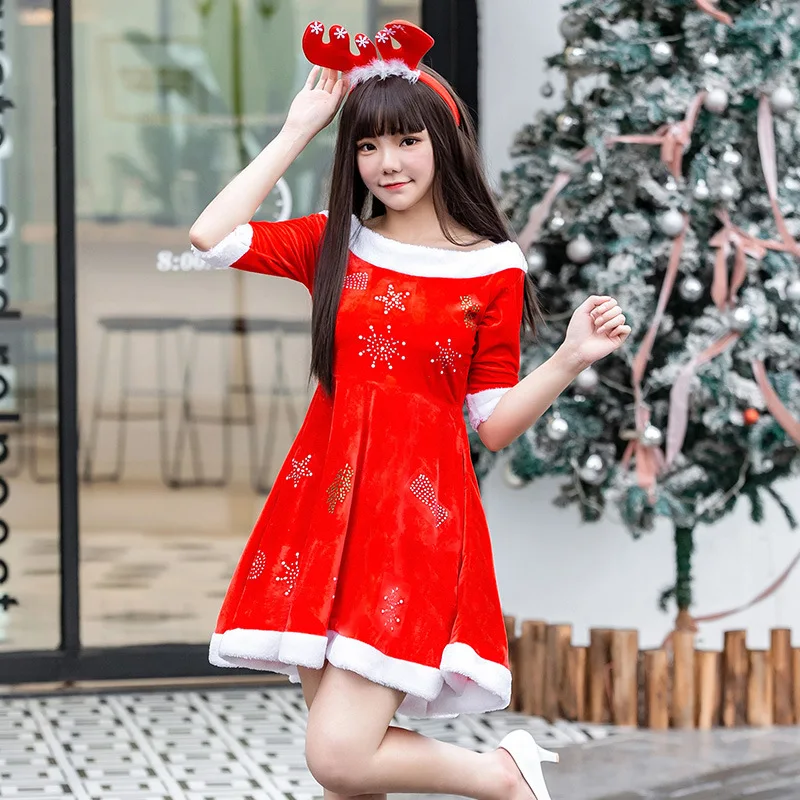 Рождественский костюм женское красное бархатное сексуальное платье с открытыми