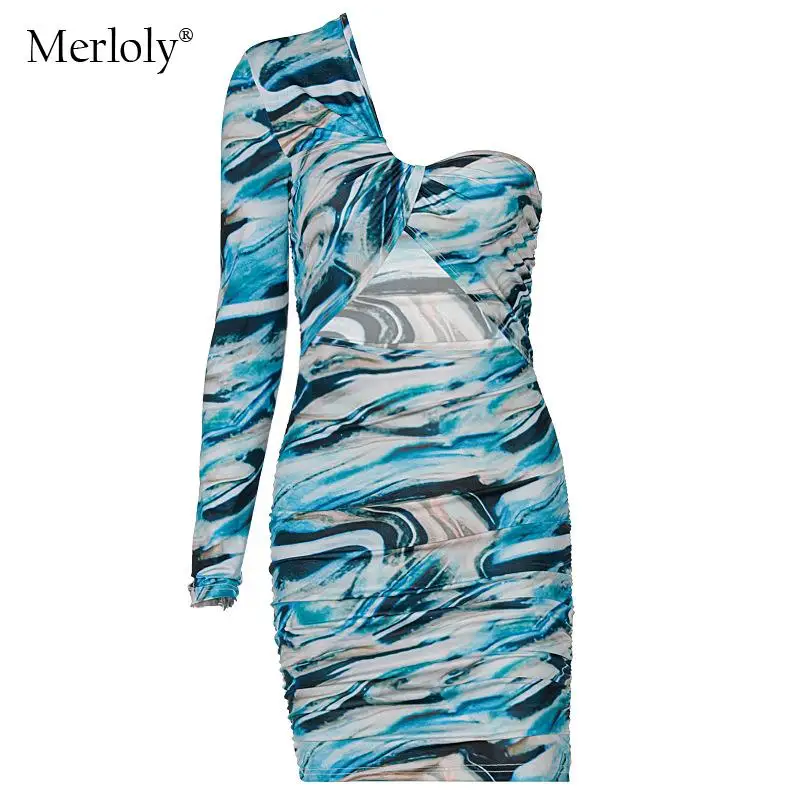 

Sexy Tie Dye Print Single Shoulder Mini Dress Fall Long Sleeve Hollow Out Bodycon Dresses For Women 2021 Party Club Streetwear