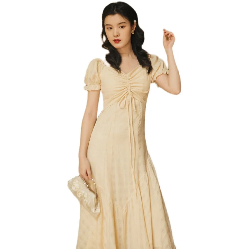 

Summer Light Yellow Trumpet Dress Vintage V-Neck Puff Sleeve Mermaid Dresses For Elegant Lady Date Holiday Party Vestido Festa