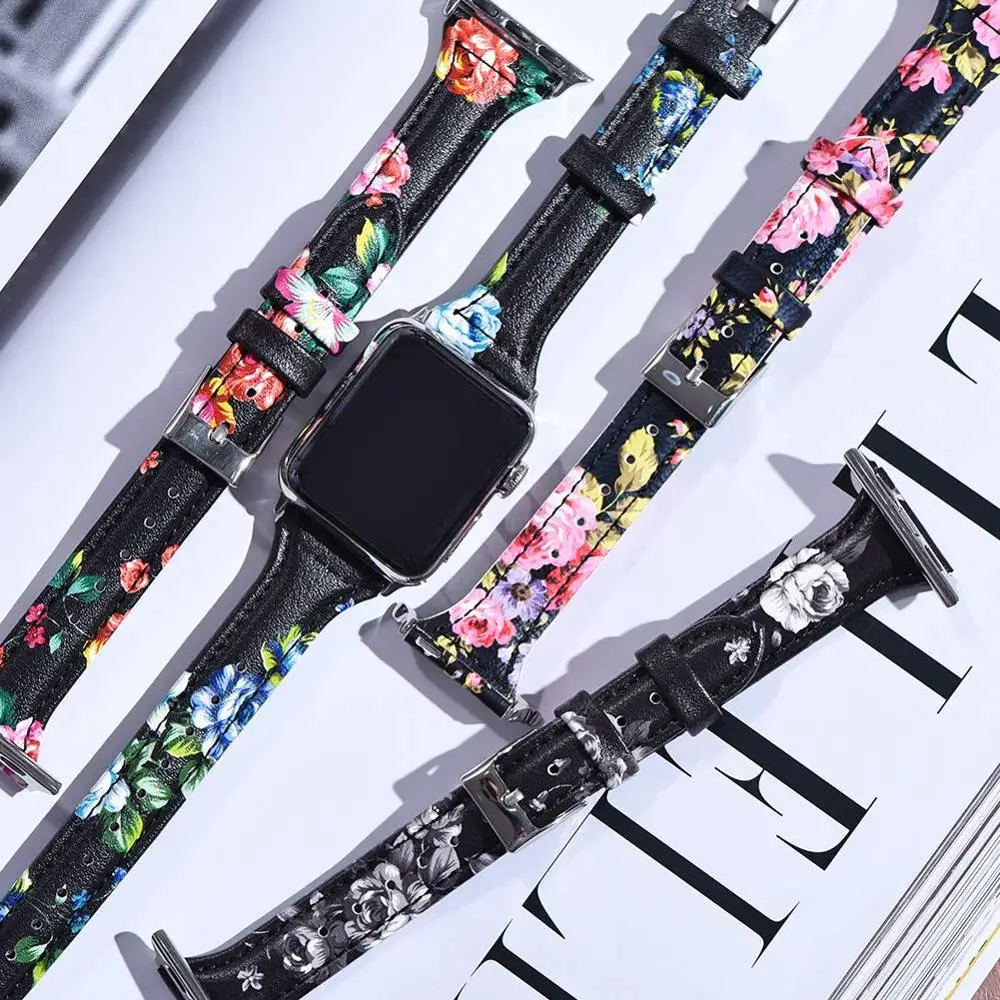 Цветочный ремешок для apple watch 42 мм 38 iwatch 44 40 серия 5/4/3/4/2/1 кожаный correa спортивный