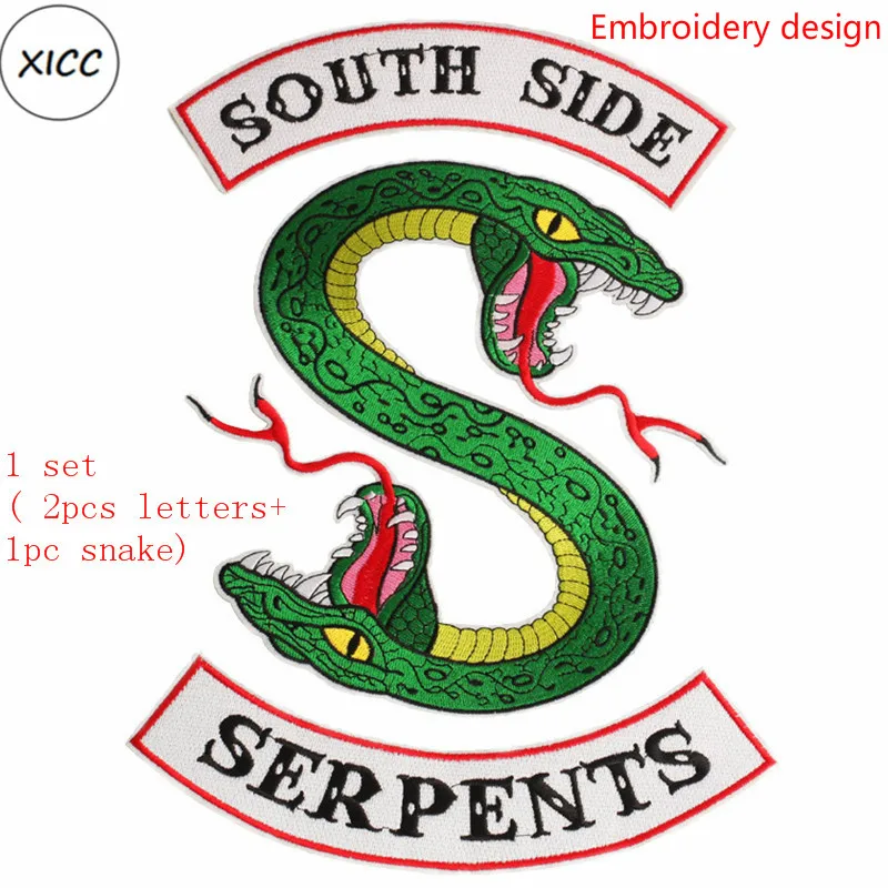 Большой Размеры ривердейл "South Side serpents" утюг на патчи для Костюмы, с рисунком героев из мультфильмов, два головой кобры вышитые наклейки аппликация - Цвет: 1set (3pcs)-1