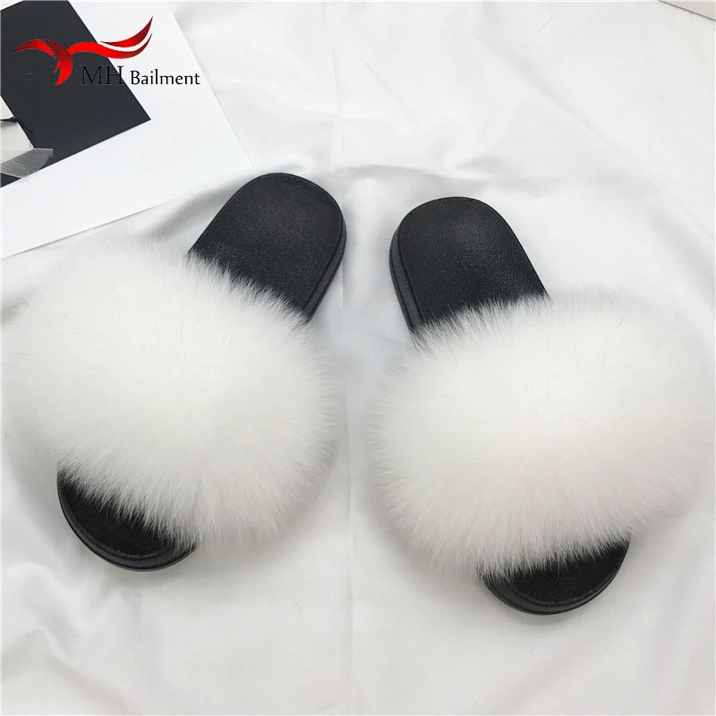 

Fur Slippers Of Women Summer New Real Fox Fur Slides Ladies Furry Indoor Home Non-slip Flat Shoes Outdoor Comfortable Slippers