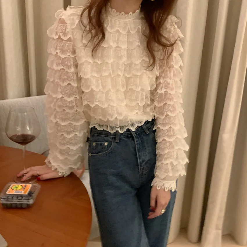 H25269c5be9f4400e8fe400036533a9e72 - Spring / Autumn O-Neck Long Sleeves Hook Flowers Hollow Out Ruffles Blouse