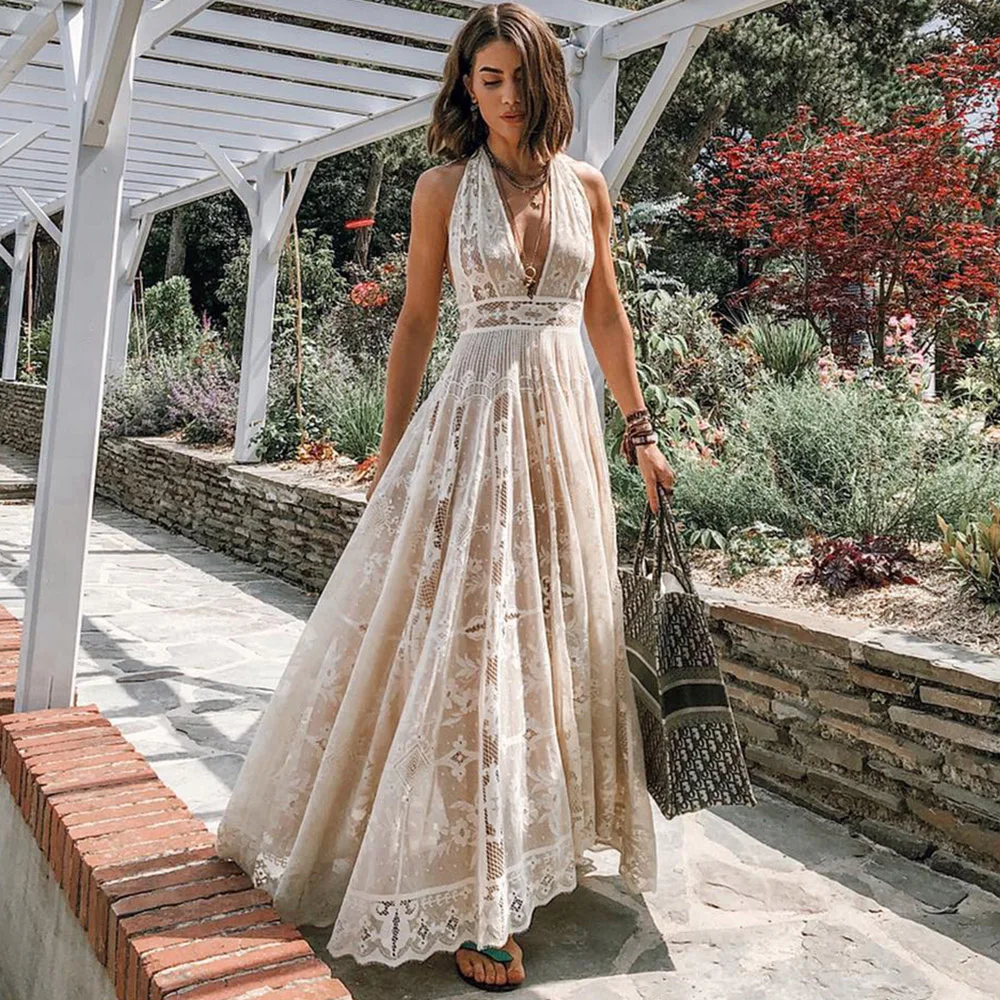 

Women Party Maxi Dress 2020 White Lace Floral Sleeveless V-Neck Backless Sexy Ladylike Elegant Summer Dresses Chic Boho Vestido