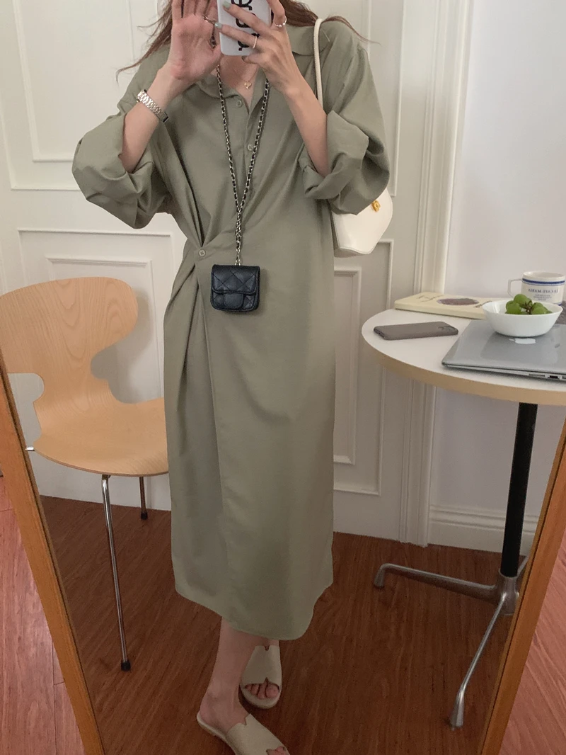 

Женское платье до середины икры SuperAen, однотонное платье с асимметричным дизайном и боковой пряжкой на талии, прямое платье с отложным ворот...