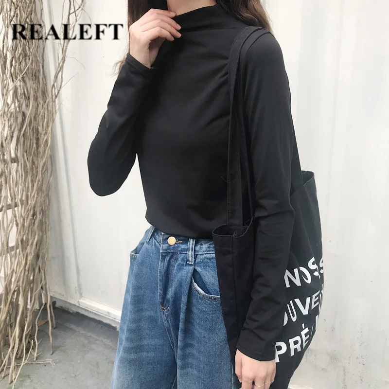 

REALEFT New 2020 Spring Autumn Women Chic T-Shirts Tops Solid Long Sleeve Multi Colors Sexy Basic Bottoming Turtleneck Tops