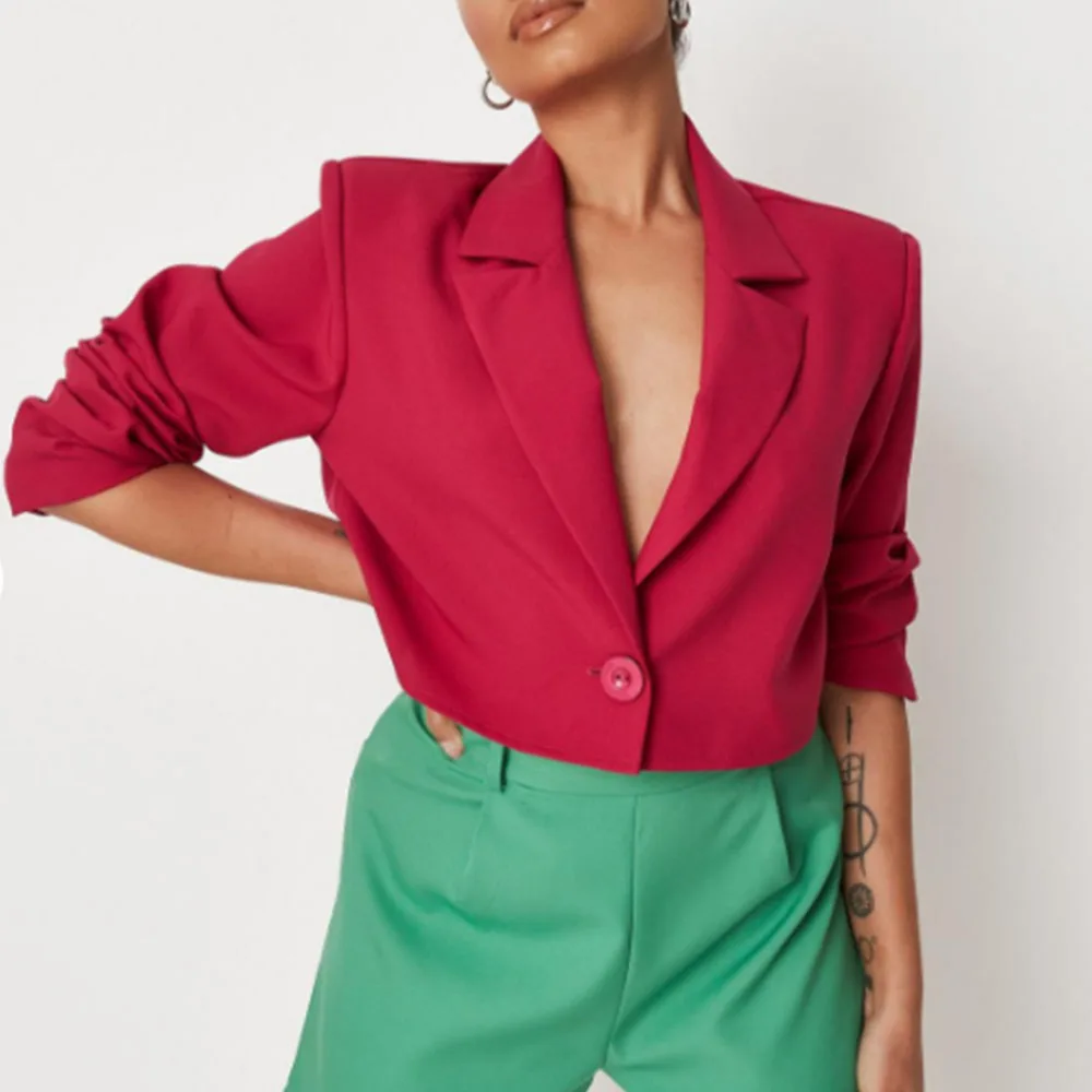 

BM UR HM ZA Women's Fall 2021 New Fashion Casual Lapel Jacket Retro Wild Pure Color Long Sleeve One Button Short Blazer Chic Top