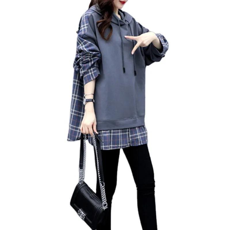 

2021 New Loose Size Women's Dress Fake Two Piece Hooded Sweater Long Sleeve Spring And Autumn Korean New Mom's Casual