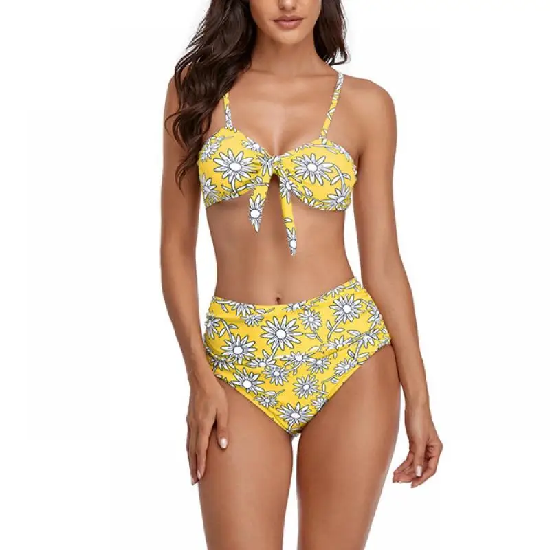 

2021 Summer Two Piece Bikini Set Brazilian Swimwear High Waist Swimsuit Beachwear Backless Drawstring Push-Up Bathing Suits