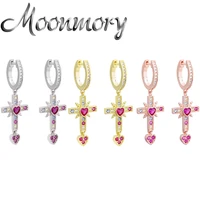 moonmory 925 sterling silver red zircon heart drop earring for women 2020 new full crystal cross pendant round earrings jewelry
