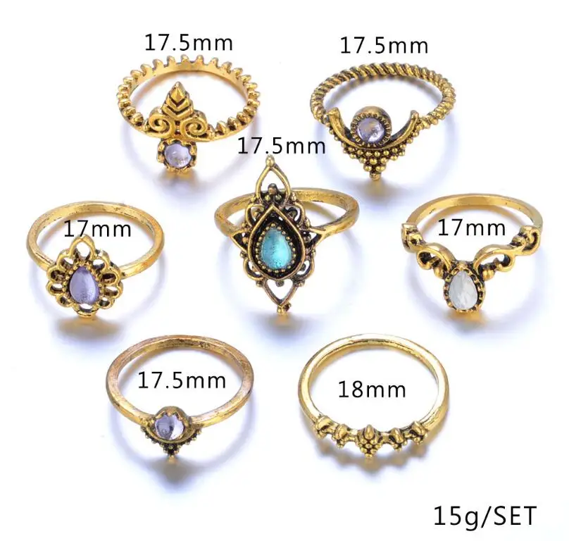

7 Pcs/Set Women Gold Punk Vintage Gem Knuckle Rings Tribal Ethnic Hippie Stone Joint Ring Set Gift