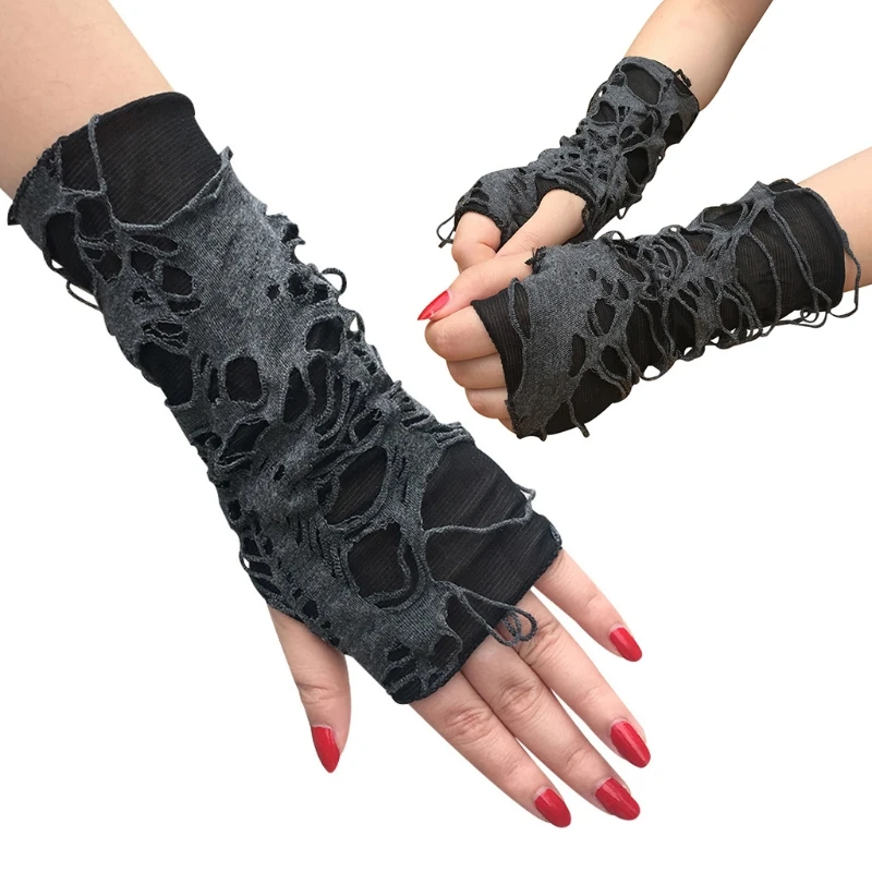

Женские Готические перчатки без пальцев в стиле панк-рок, черные перчатки с вырезами, рваные полуперчатки с эффектом потертости для танцев ...